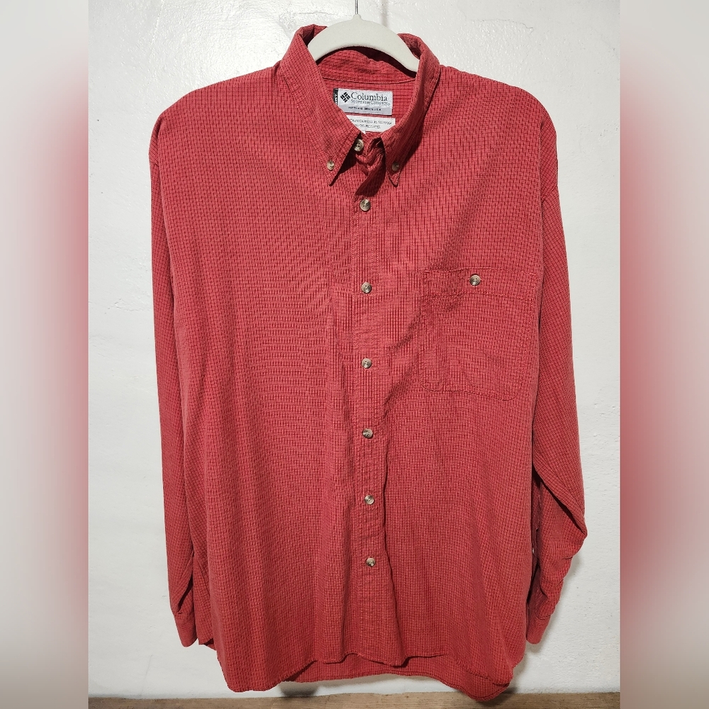 Columbia Sportswear GRT Mens Large Red Micro Grid Long Sleeve Button Down Shirt